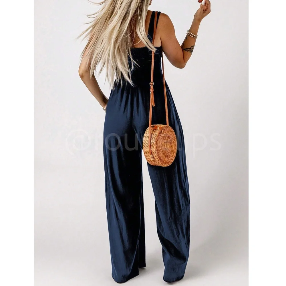 Navy Blue Jumpsuit Slant Pocket Wide Leg Shirred Bodice - Picture 3 of 10